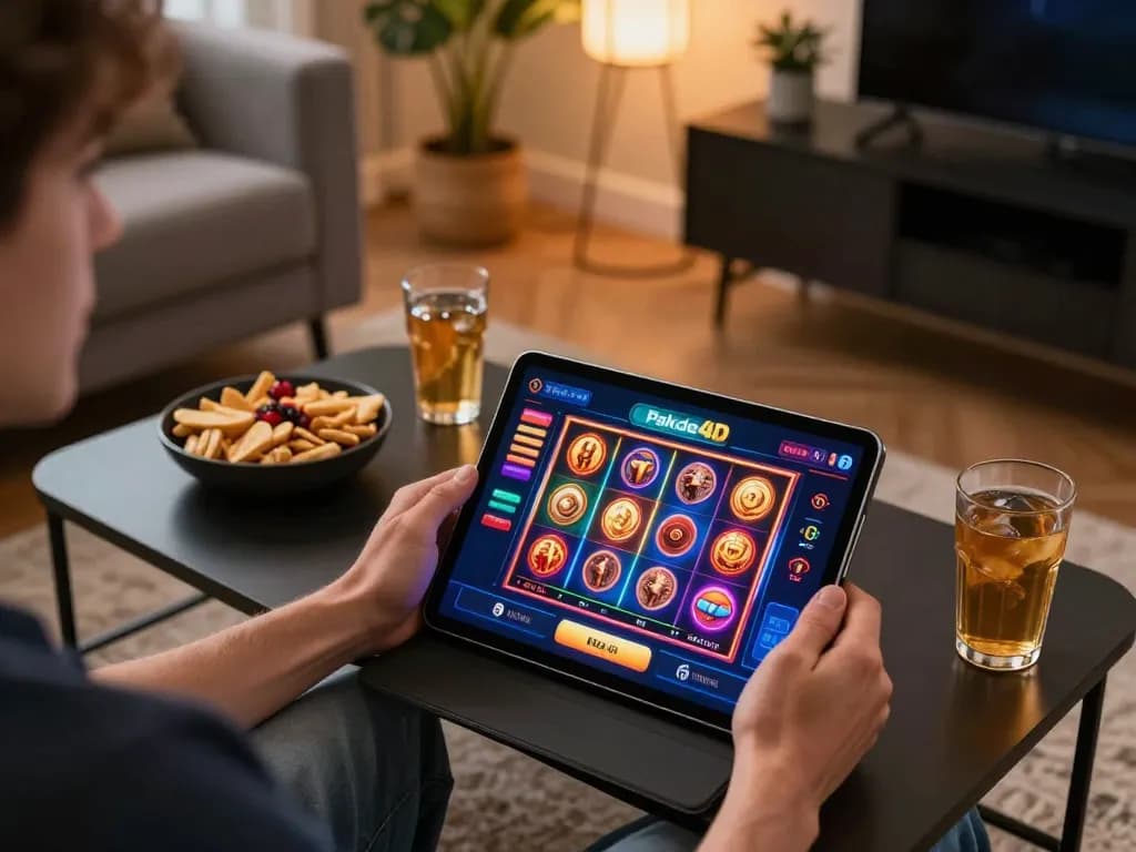 Engaging with Pakde4D casino app on a tablet in a cozy home setting, showcasing online gaming.