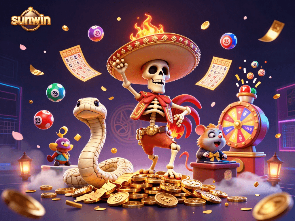 Join the excitement with sunwin as the mariachi rooster dances among vibrant lottery elements!