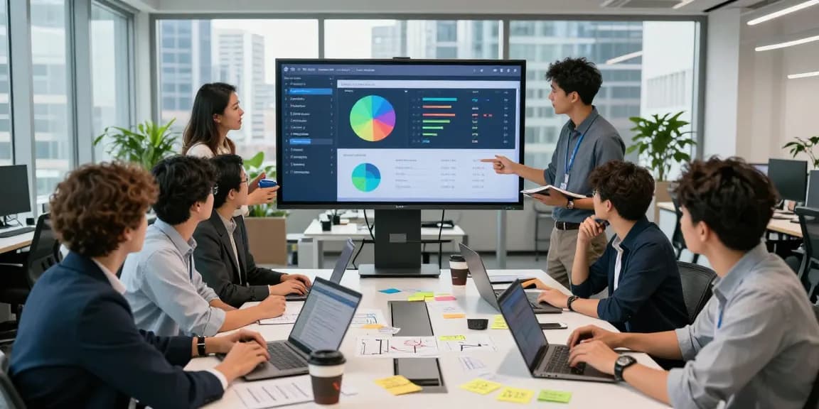 SEO automation metrics in a digital marketing team meeting at a modern office.
