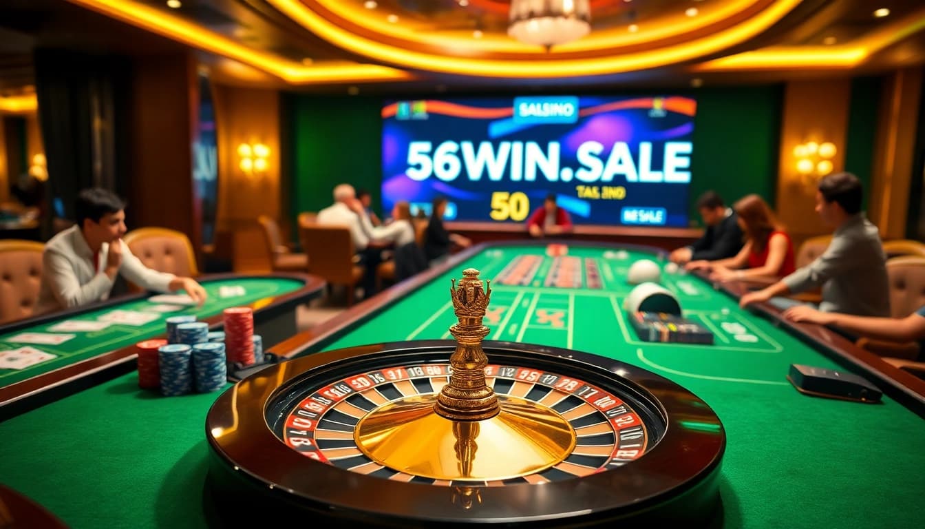Experience the thrill of 56WIN.SALE with engaging casino games showcasing vibrant poker chips and roulette.