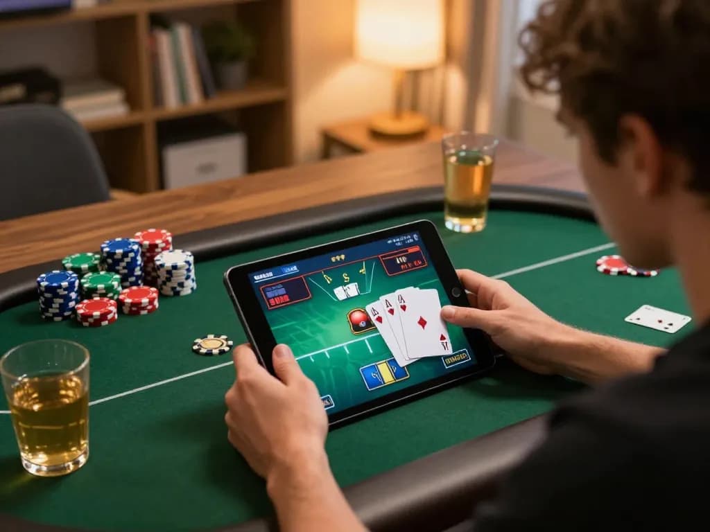 Engaging online poker gameplay on a tablet in a cozy environment, showcasing sc88 strategy.