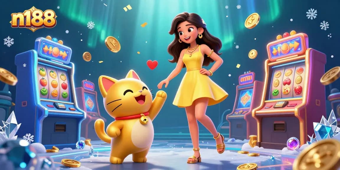 Engage with n188's vibrant slot game scene featuring a cheerful woman and a lucky cat surrounded by winning symbols.