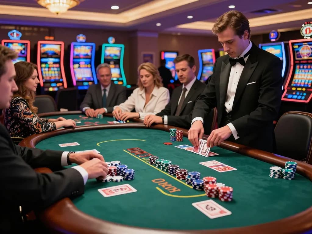 Players engaging at the blackjack table in an upscale casino environment, showcasing the thrilling atmosphere of OK8386 gaming experience.
