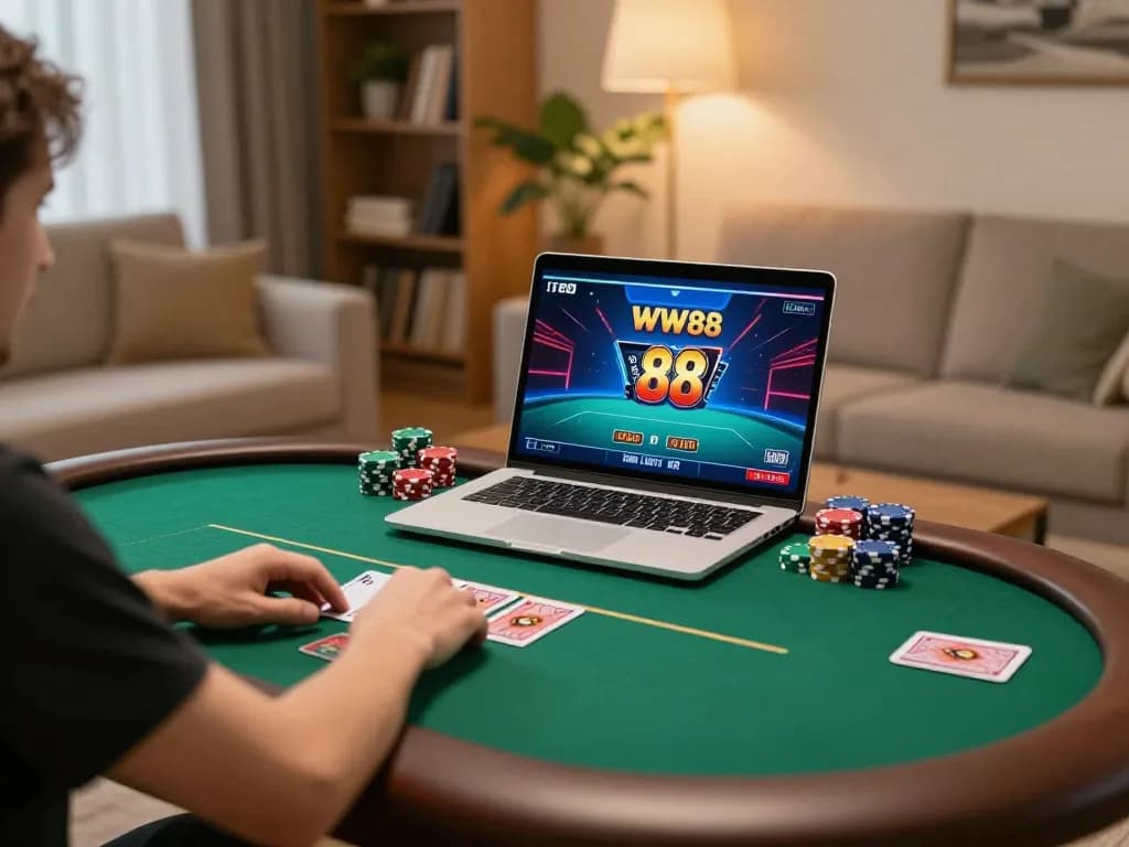 Engaging in a thrilling WW88 poker match on a cozy online gaming setup with chips and cards visible