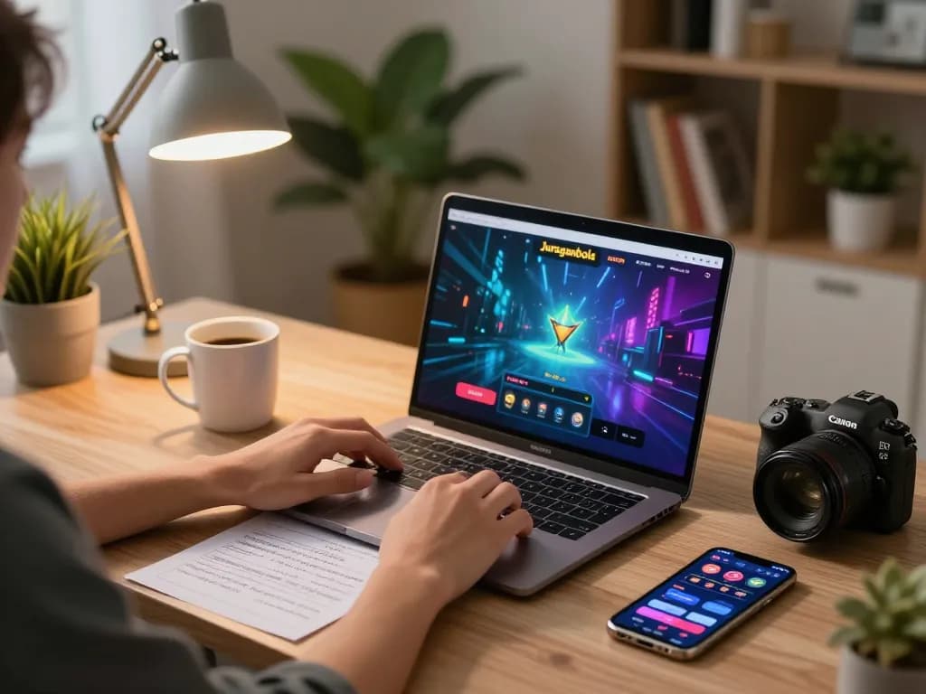 Engaging in Juraganbola online gaming with a sleek laptop, showcasing a cozy home environment.