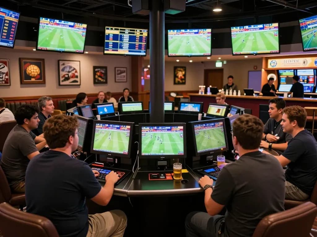 Kết quả bóng đá updates displayed on large screens in a vibrant sports betting lounge, with bettors actively placing wagers
