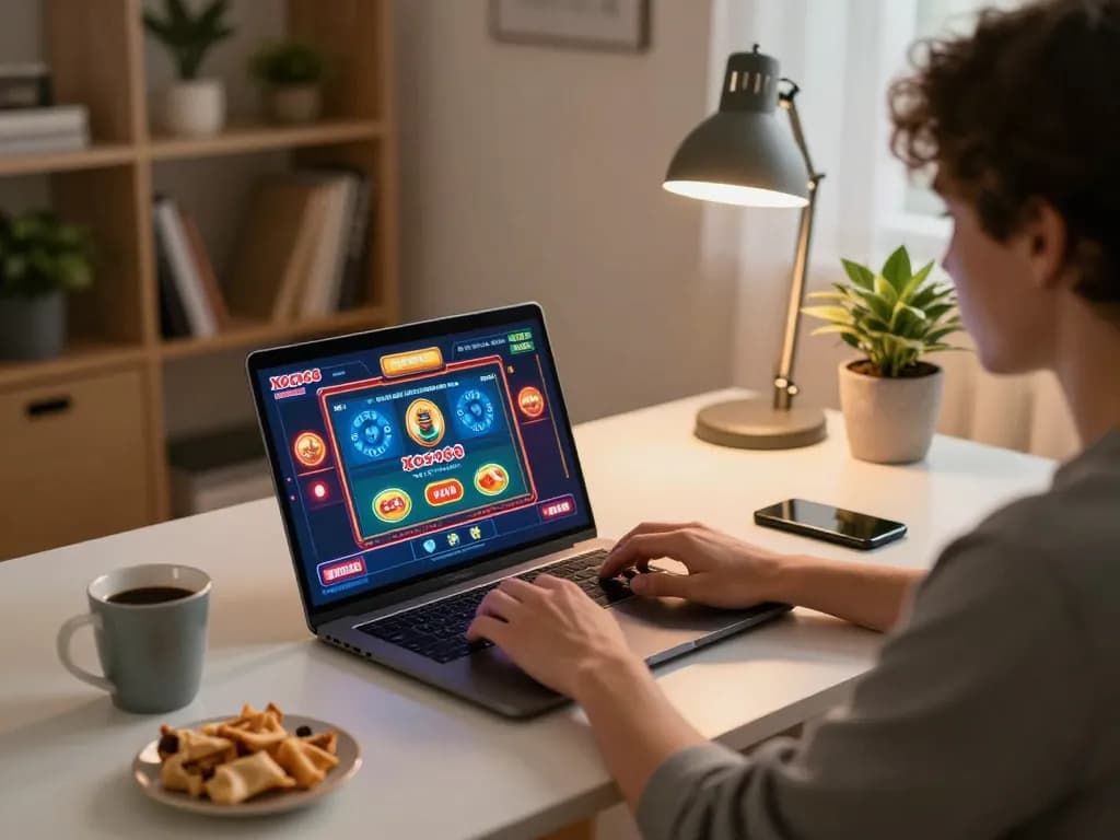 Xoso66 đăng nhập on a laptop screen while a player enjoys a cozy home gaming setup, showcasing online gambling.