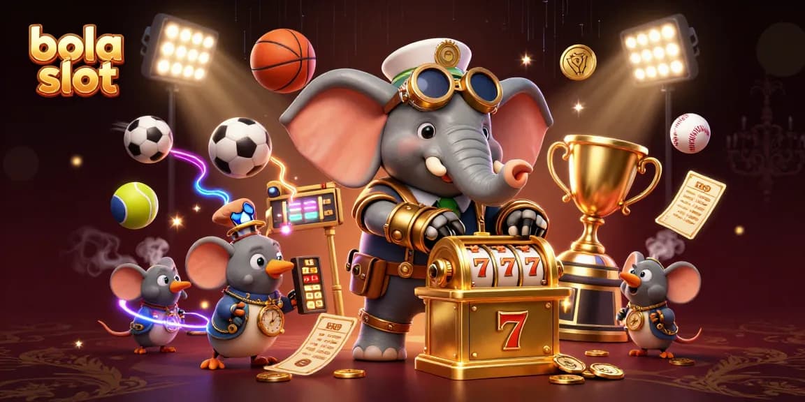 Bola slot action with a steampunk elephant operating a golden slot machine, surrounded by dynamic sports elements.
