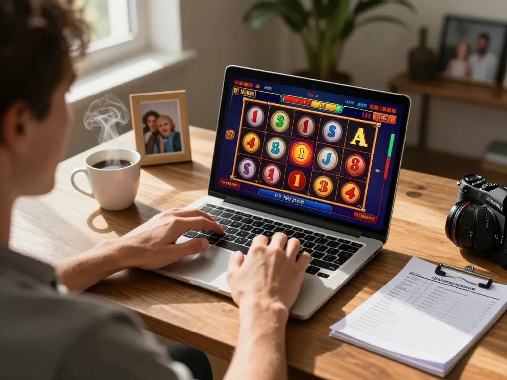 Engaging online gaming session featuring viral4d colorful slot game interface with player focused on laptop.