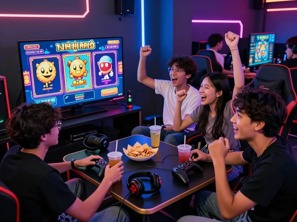 Exciting friends enjoying nổ hũ slot games in gaming room with vibrant atmosphere.
