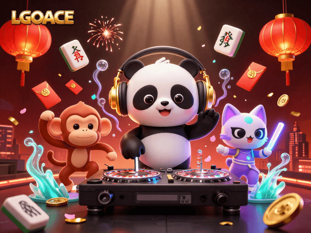 LGOACE DJ panda spinning roulette wheels, surrounded by vibrant casino elements in 3D digital illustration.