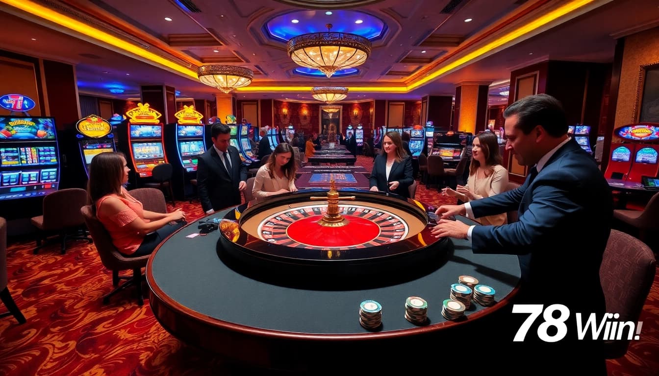 Engaging players at the 78Win roulette table in a vibrant casino setting.