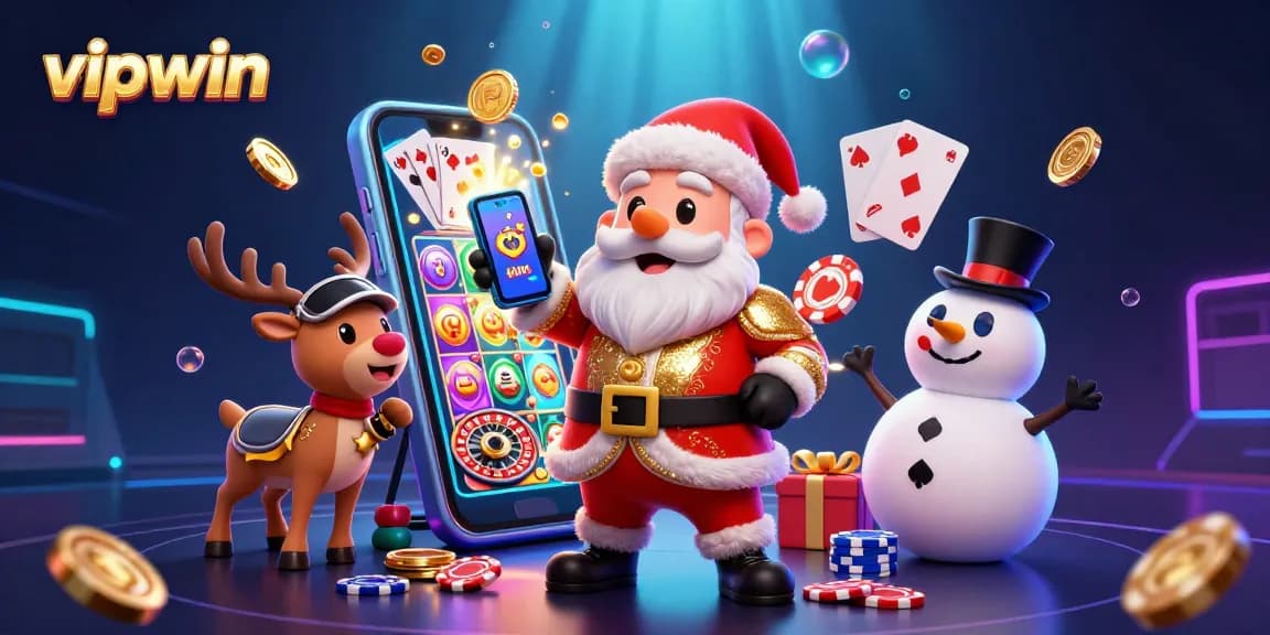 Engage in thrilling gameplay at vipwin, featuring Santa and friends celebrating with slot machines and festive decor.