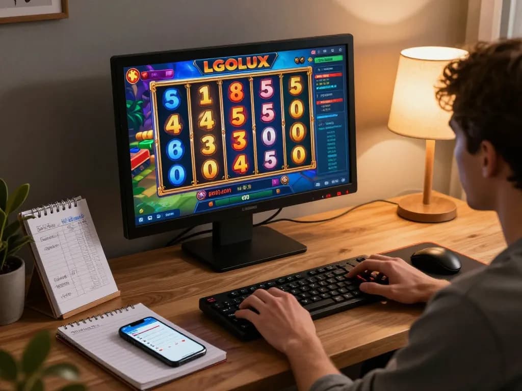 Player engaging in an LGOLUX slot game on desktop with strategic notes and a cozy gaming setup.
