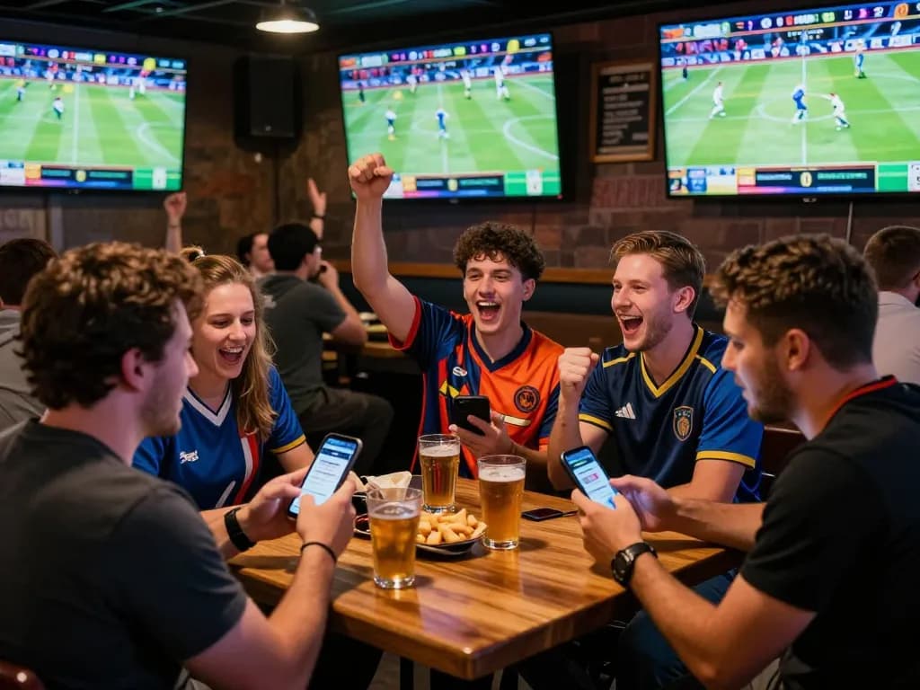 Betting on CM88 app while enjoying sports games in a vibrant bar atmosphere.