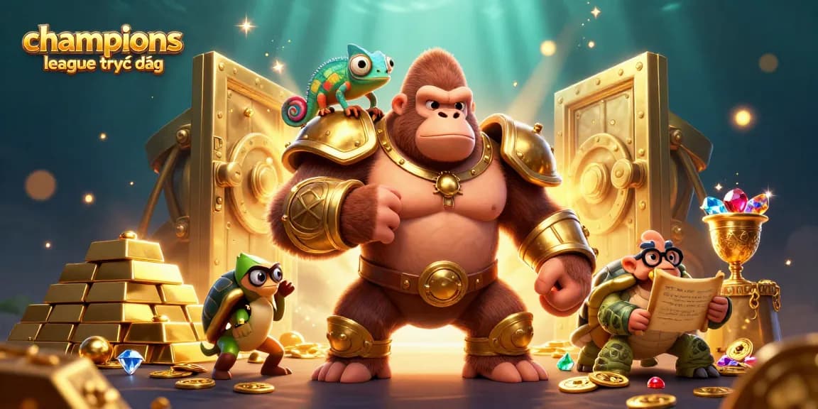 Experience champions league trực tiếp in a vibrant casino-themed scene featuring a majestic gorilla king and colorful elements.