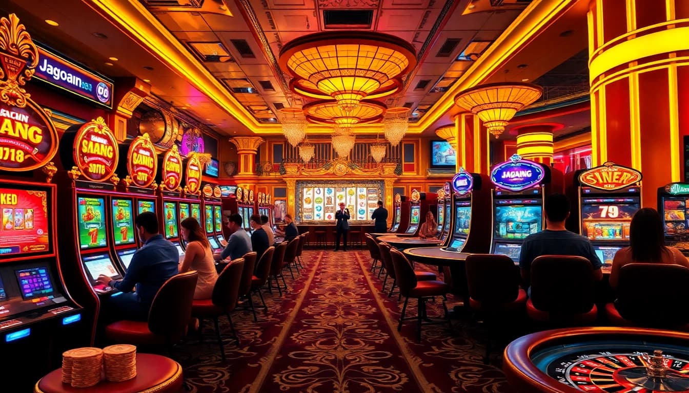 Exciting jagoan86 slot gaming scene with vibrant machines and thrilling atmosphere.