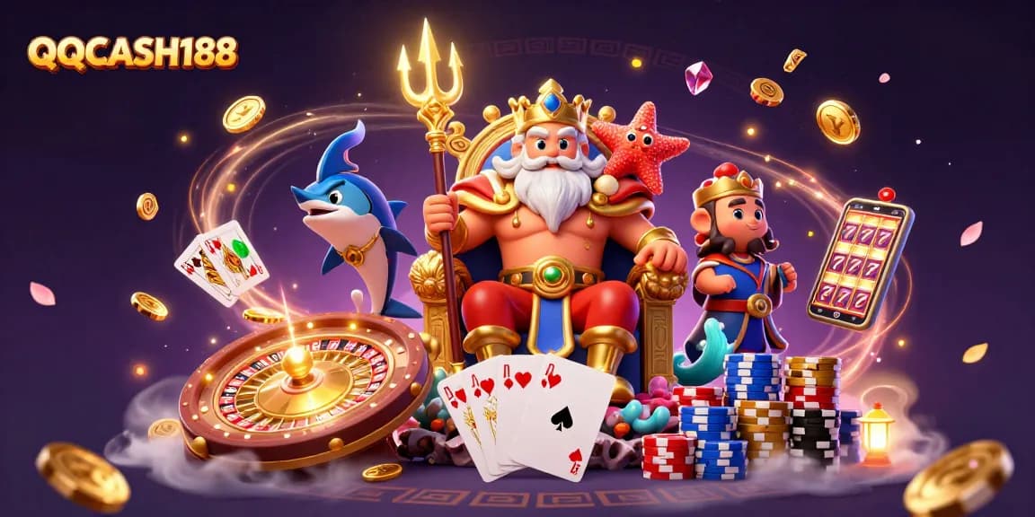 Experience the thrills of QQCASH188 with vibrant casino elements and dynamic characters.