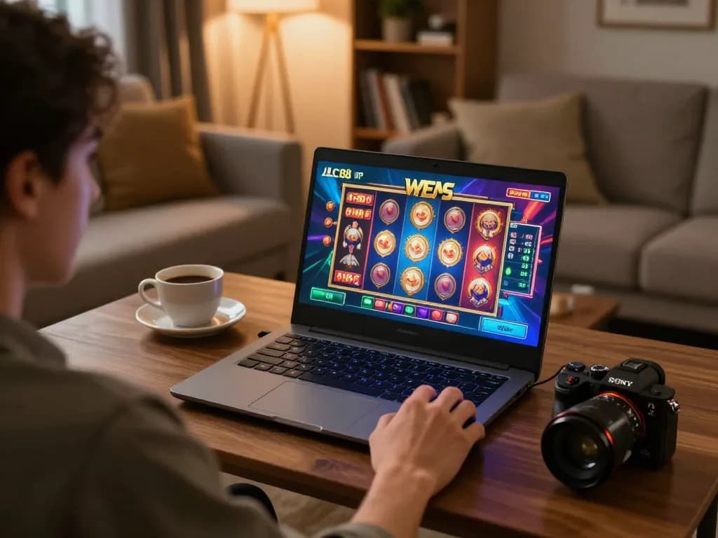 Engaging in LC88 VIP gameplay on a laptop, showcasing excitement and home comfort
