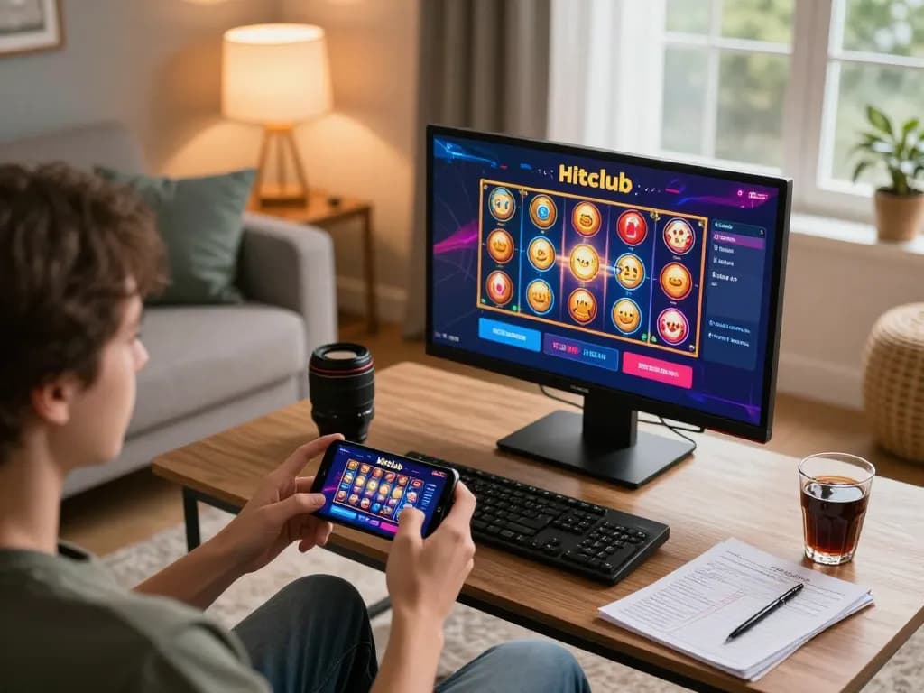 Playing Hitclub casino app on smartphone in a cozy home setup, showcasing vibrant gaming interface.