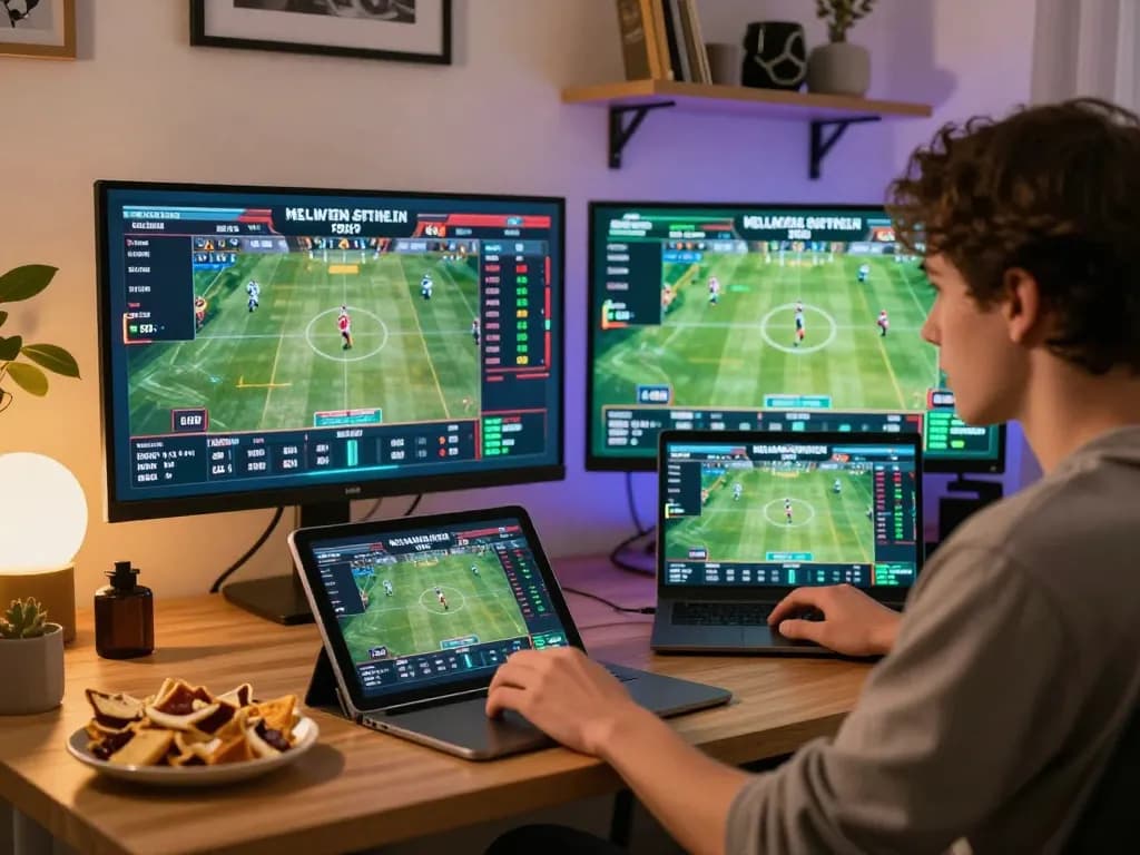 Jun88 player actively analyzing sports betting options in a cozy home environment.