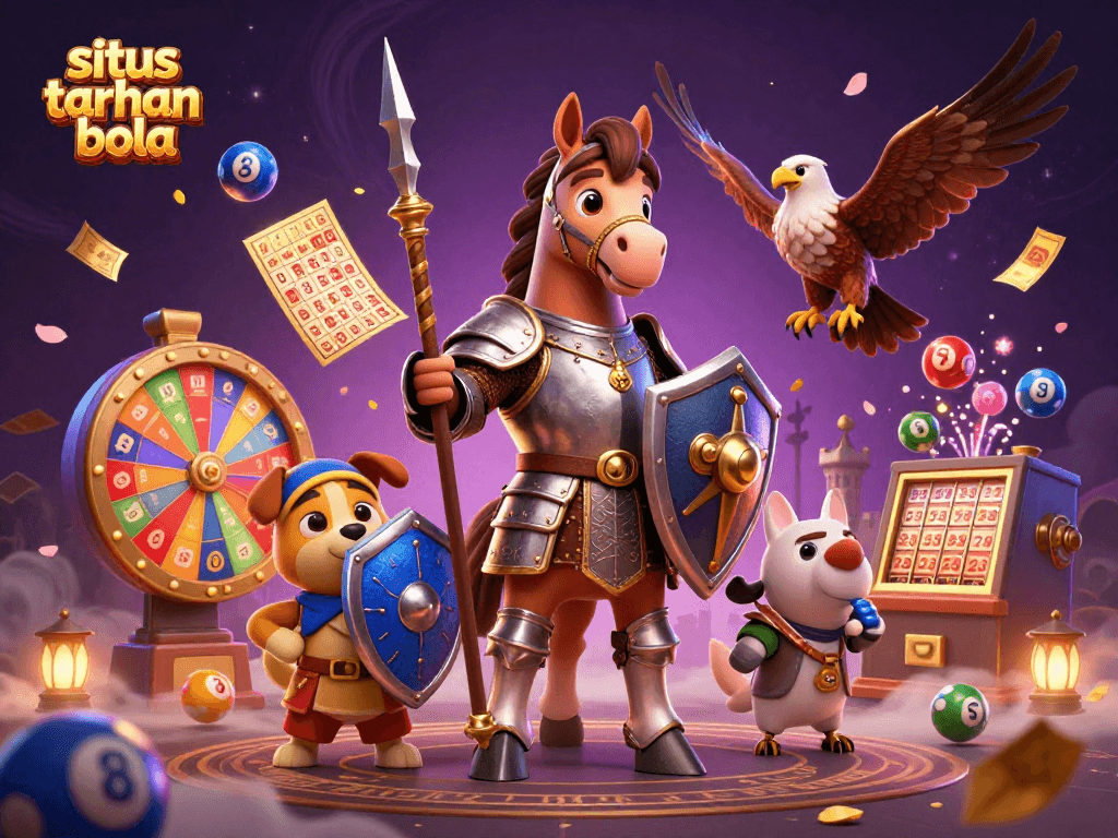 Engage in situs taruhan bola with a vivid illustration of a knight, squire, and falcon amidst lottery excitement.