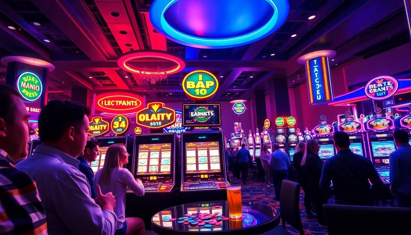 Menangkan jackpot pada slot mesin di kasino yang ramai dengan lampu neon.