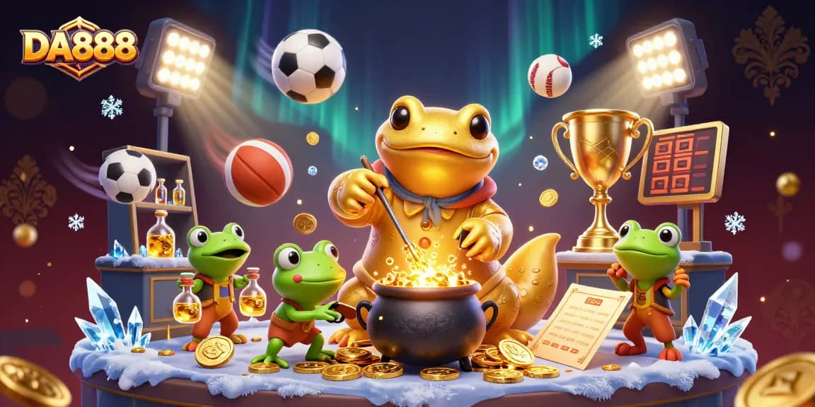 DA888 showcases an enchanting scene of an alchemist and assistants creating golden coins amidst sports elements.