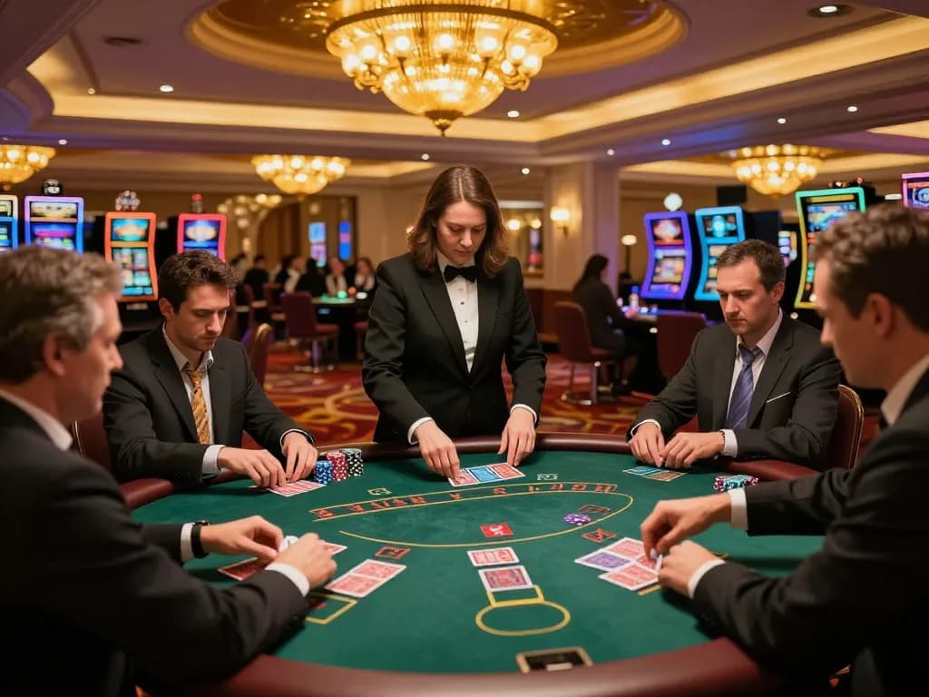 Players engaged in a thrilling blackjack game at a sunwin casino, dynamic atmosphere with warm lighting and elegant decor.
