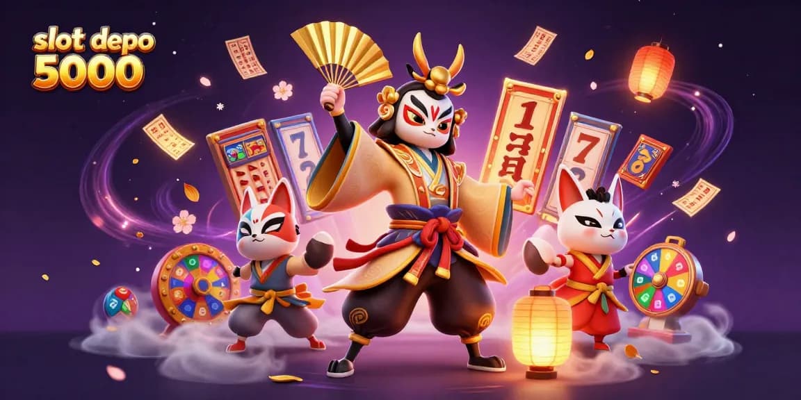 Engage with slot depo 5000 as kabuki warriors interact amidst dynamic reels and colorful prizes.