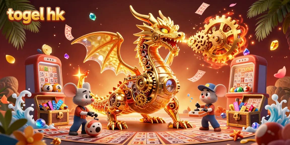 Engage in thrilling togel hk action as a golden dragon breathes cogs amidst lottery games and treasures.