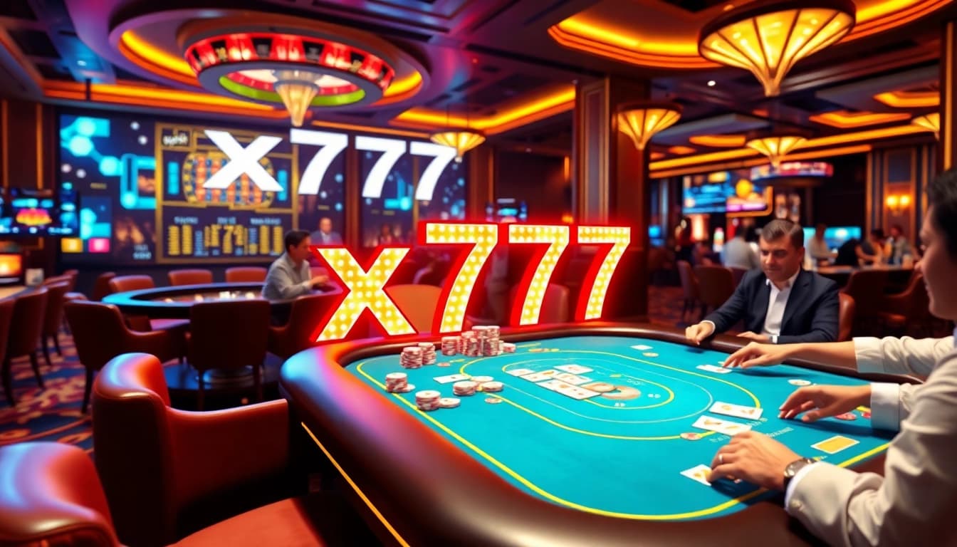 x777 casino vibrant scene with poker table and roulette wheel showcasing luxury gaming experience