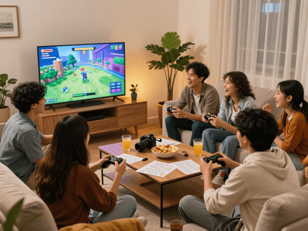 Friends enjoying a gaming session while exploring rokok88 patterns in a cozy living room.