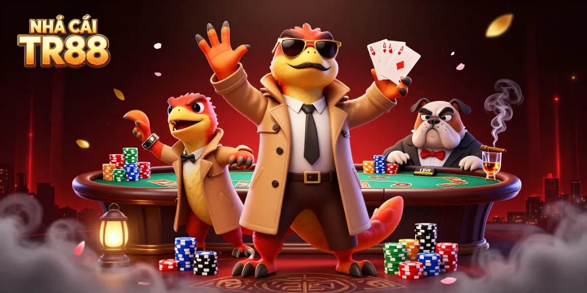 Enter the VIP lounge at NHÀ CÁI TR88 with cartoon raptors in disguise, playing poker.