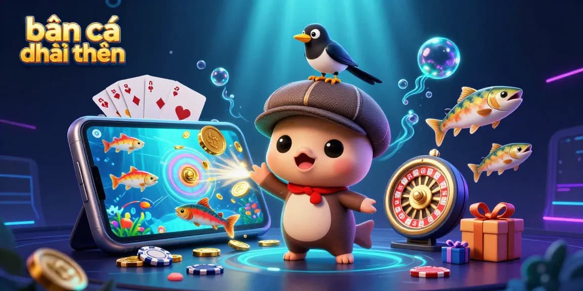 Enjoy an exciting bắn cá đổi thưởng adventure with vibrant 3D characters and casino game elements.