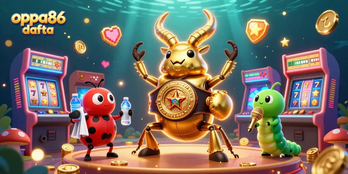 Experience the thrill of oppa86 dafta in a vibrant casino-themed scene featuring a golden beetle champion.