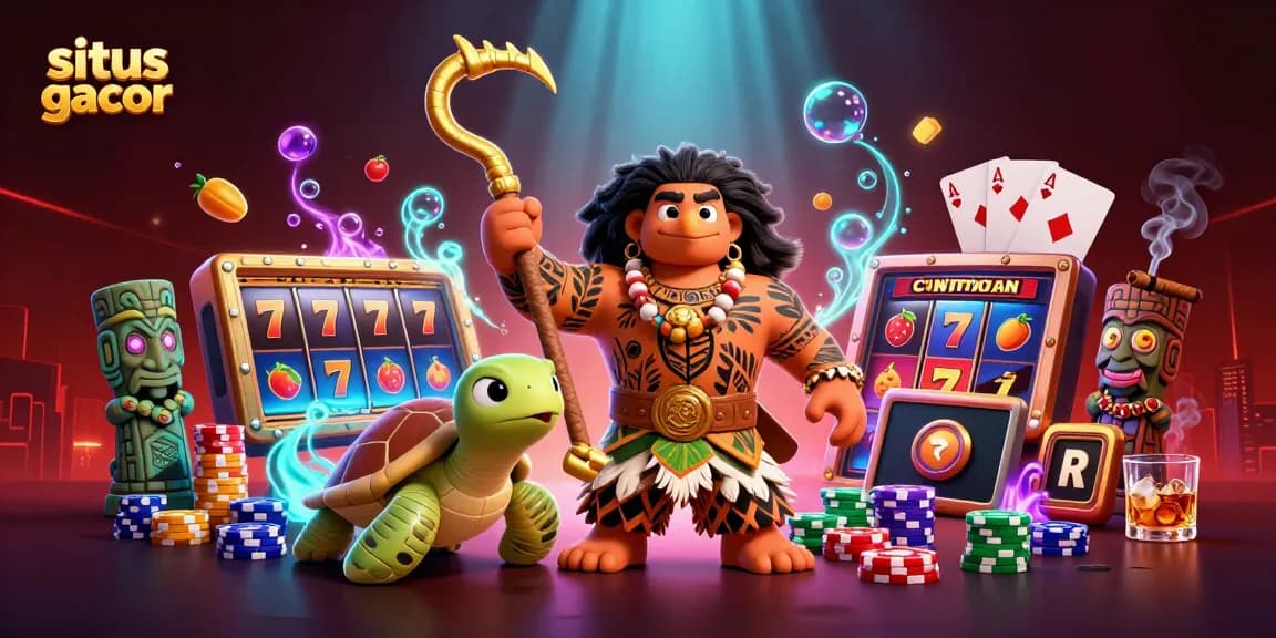Situs gacor offers thrilling gaming with 3D characters in a vibrant casino-inspired scene filled with slots and poker elements.