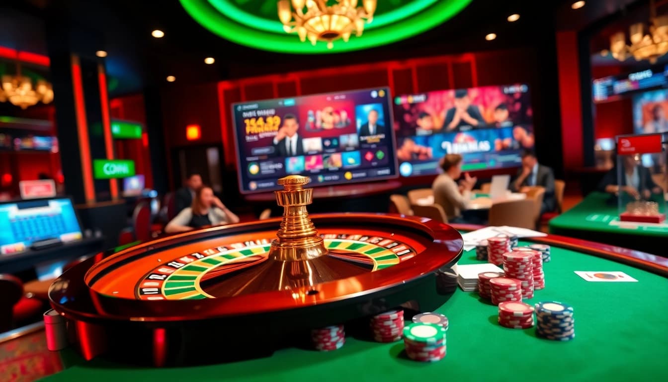 Players engaging in a lively casino atmosphere at https://m98.uno/, focusing on roulette and card games