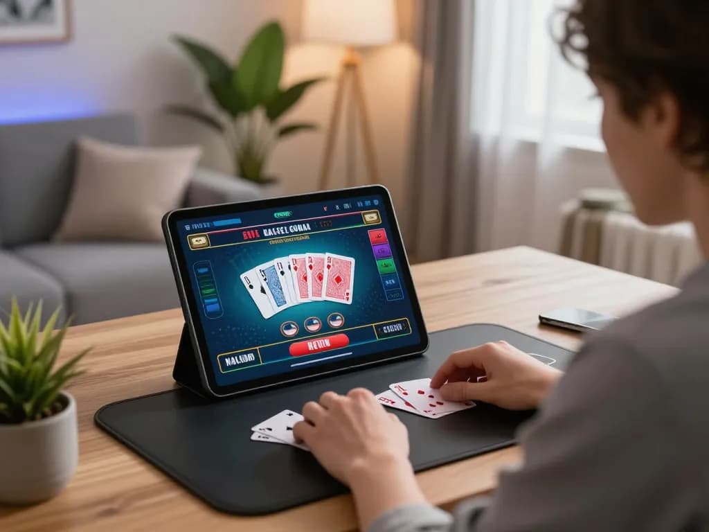Tham gia chơi game trực tuyến tại nhà, trải nghiệm Hit Club với các lá bài của người chia bài trực tiếp được trưng bày.