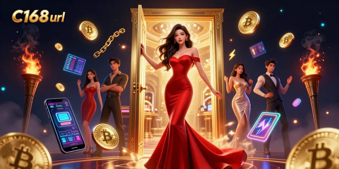 Win big at C168 url with a beautiful Asian woman in a luxurious casino doorway.