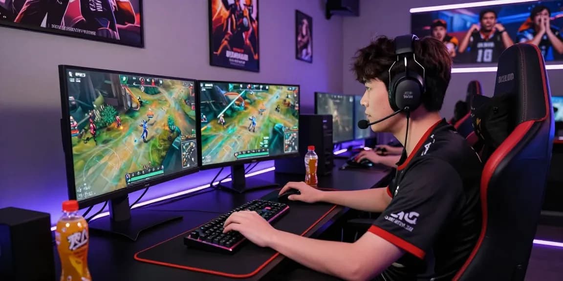 Kompetisi Polo4d di ruang gaming yang modern, pemain serius pada monitor saat bertanding.