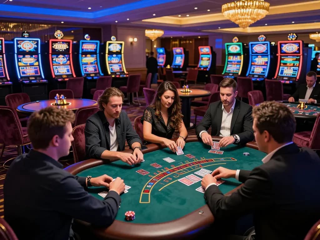 Players at a blackjack table in an upscale casino showcasing SC88-themed strategies amidst a vibrant gaming atmosphere.