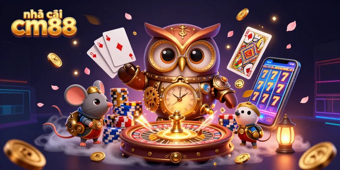 Engage with the exciting world of nhà cái cm88 through a vibrant scene of animated characters amidst casino elements and flying rewards.