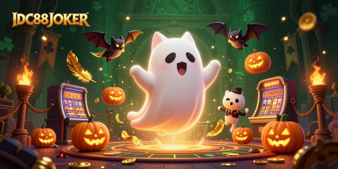Experience thrilling gameplay with IDC88JOKER's captivating haunted casino featuring friendly ghost cat and vampire bat.