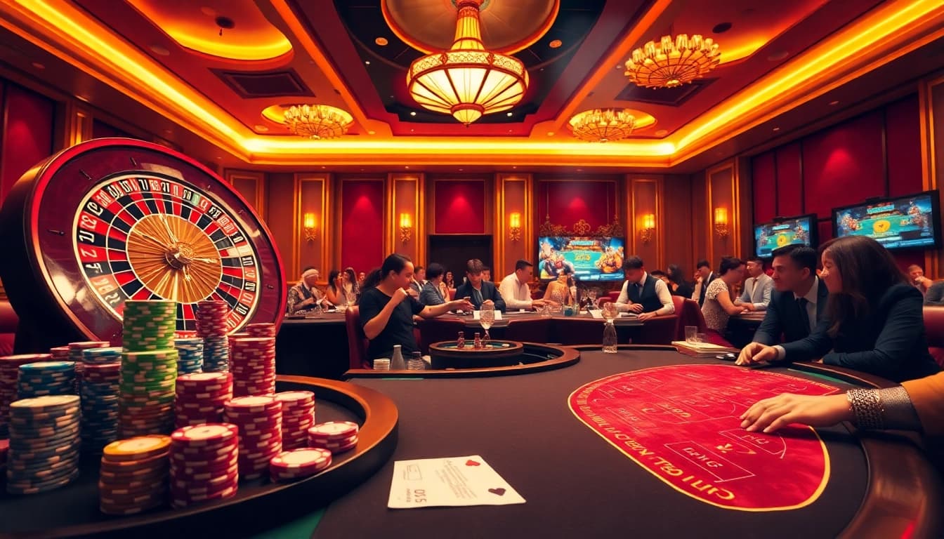 Gambling excitement at https://nhacaiuytinvn.us.com/ showcasing a vibrant roulette wheel and poker chips.