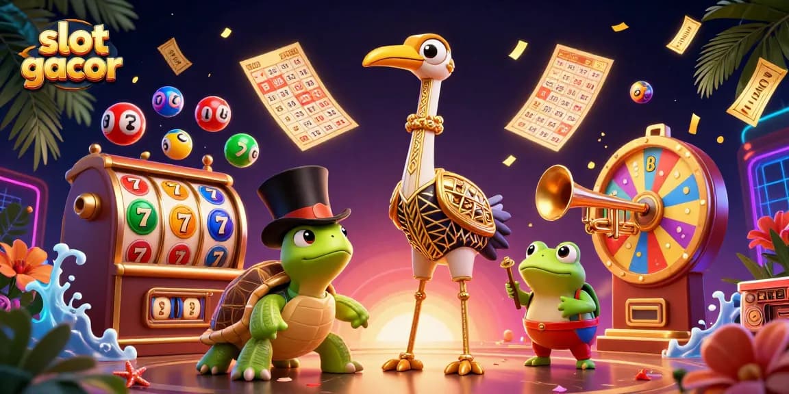 Experience winning strategies with slot gacor at this vibrant 3D casino scene featuring playful characters.