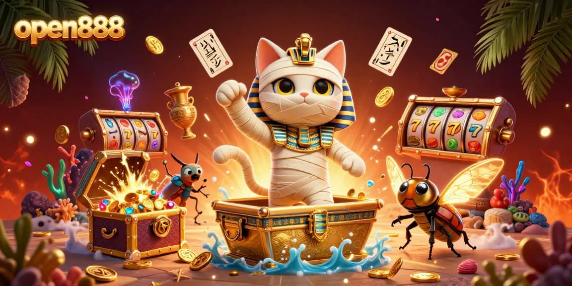 Experience thrilling gaming with open888 featuring dynamic slot elements in a visually rich 3D scene.