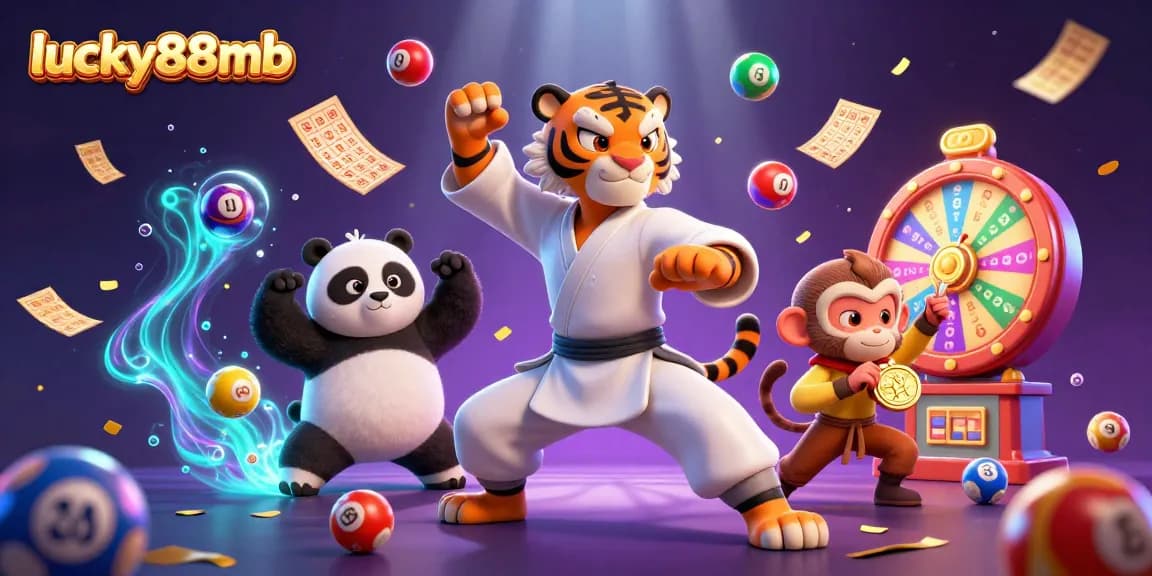 Engage with lucky88mb in a vibrant 3D casino illustration showcasing colorful lottery elements and cartoon characters.
