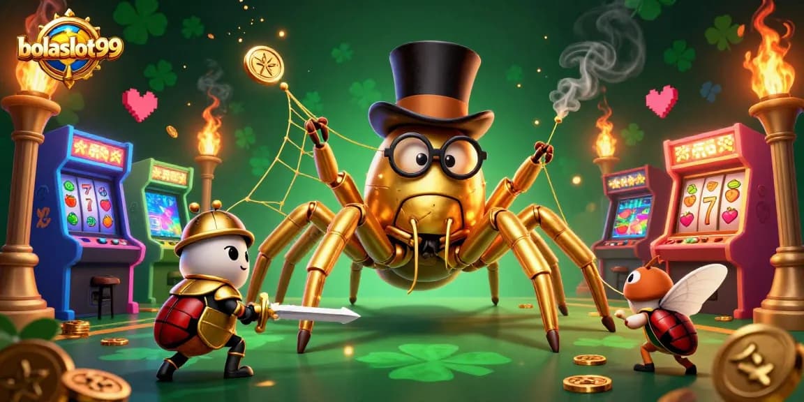 Engage with bolaslot99 in a vibrant casino scene featuring a giant spider and brave beetle.