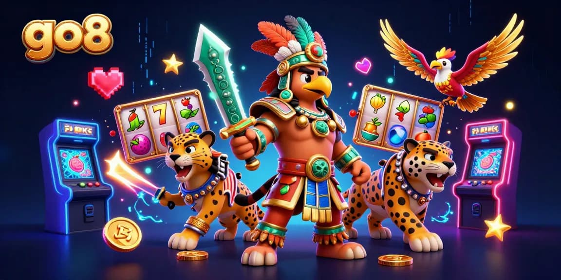 Engage with go8's thrilling slot games featuring vibrant characters and dynamic elements in a 3D illustration.